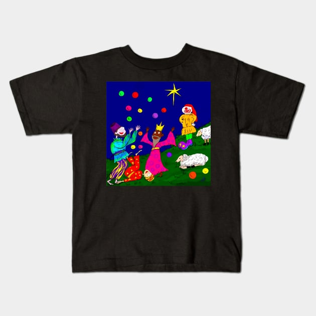 Juggling Wise Men And Clown Shepherds Kids T-Shirt by saraperry